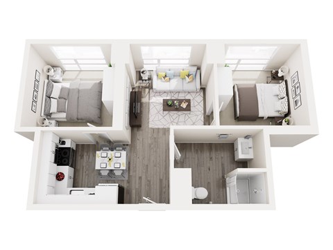 A top-down view of a small, modern apartment with a kitchen, living room, and bathroom.